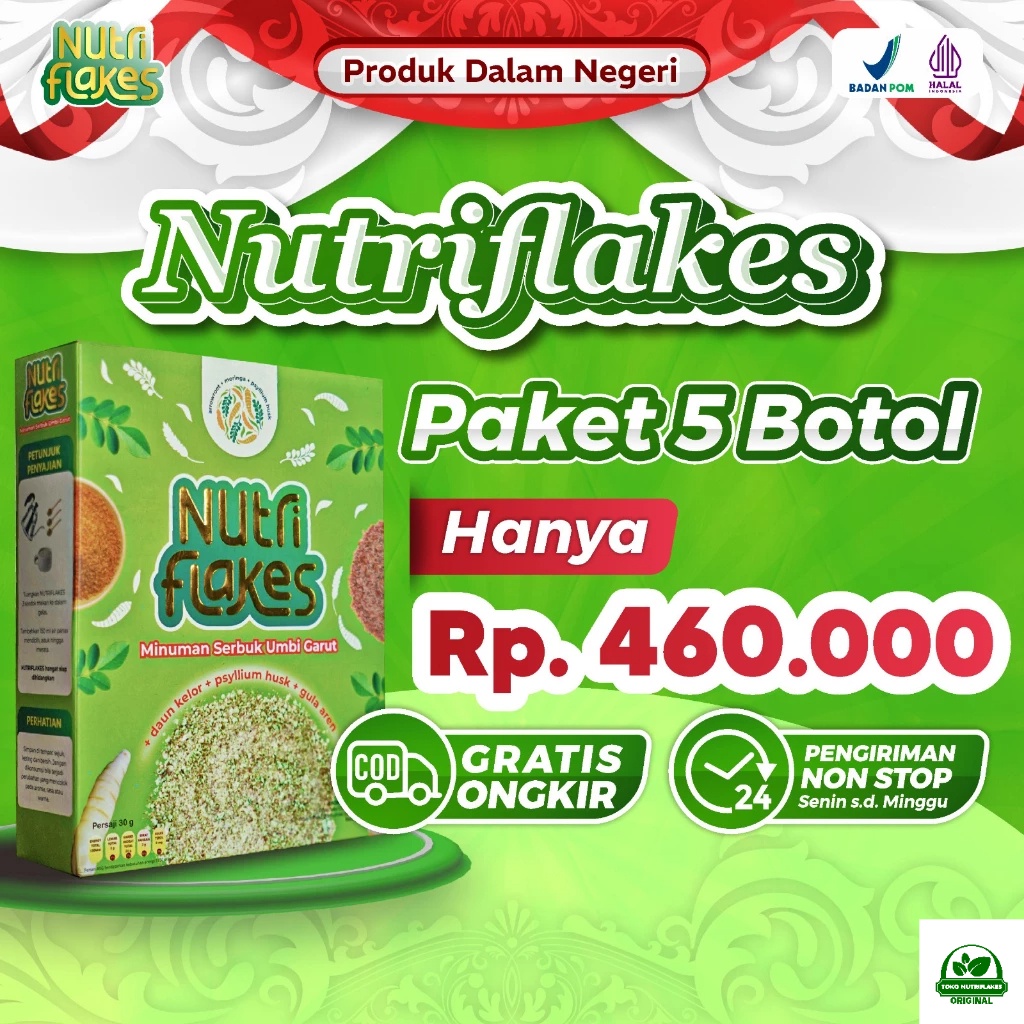 

100% ORIGINAL Nutriflakes Paket 5 Box - Minuman Umbi Garut + Bahan Herbal Alami Sehatkan Lambung Pencernaan Rendah Kolesterol Halal Bpom Cod 5pcs