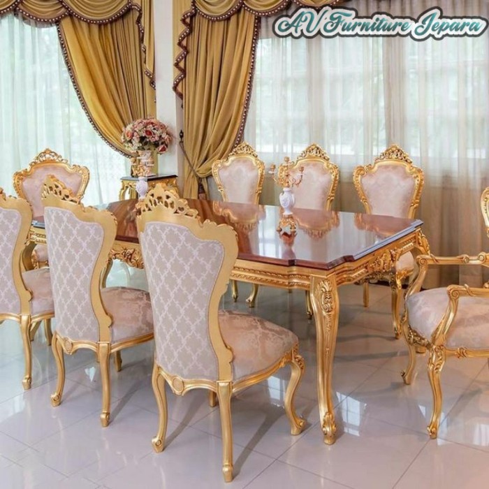 SET MEJA MAKAN GOLD UKIR MEWAH 8 KURSI.MEJA MAKAN FULL UKIR CUSTOM