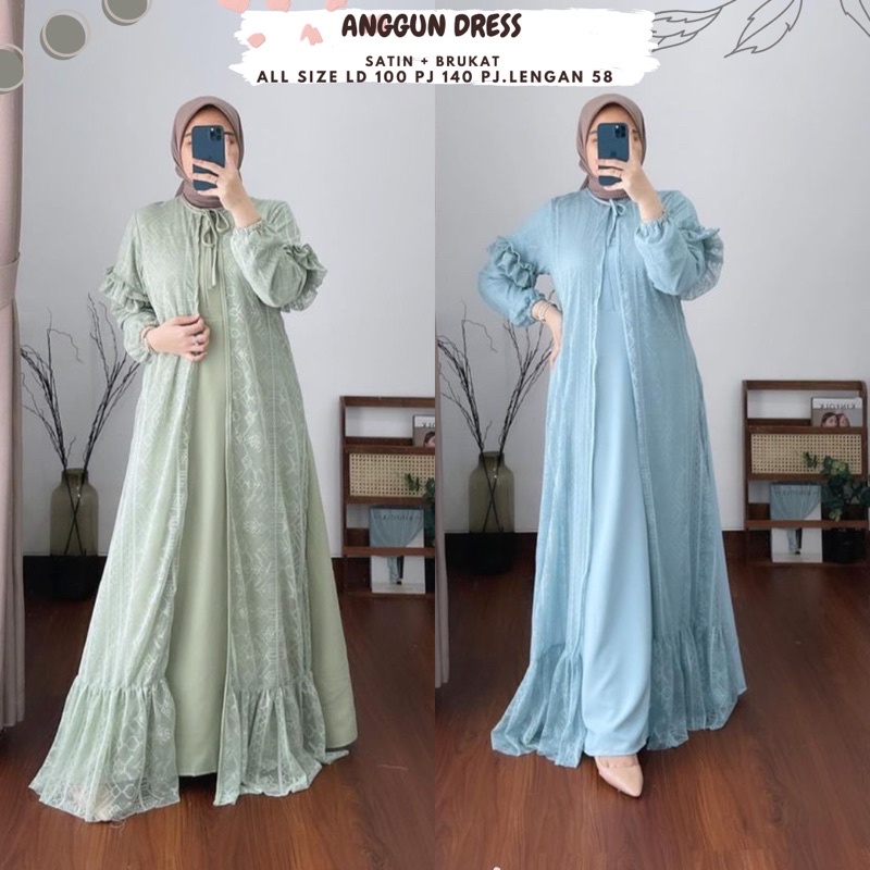 Anggun Tile Dress Ld 100/Dress Kondangan Hijau Sage/Dress Sage Green/Gamis Pesta/Dress Brukat Terbar