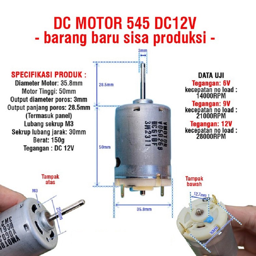 Dinamo Motor 545 DC 12V 28000rpm As 3mm As Panjang