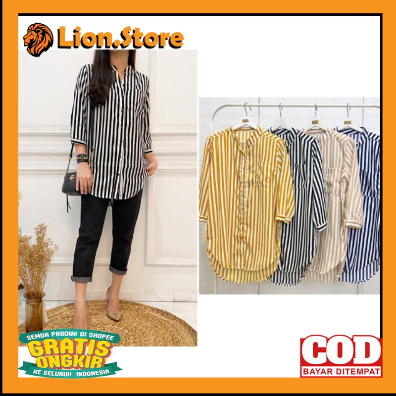[BAYAR DI TEMPAT] KEMEJA WANITA JUMBO SALUR GARIS GARIS OVERSIZE LENGAN PANJANG IMPORT XXXL LD 120 M