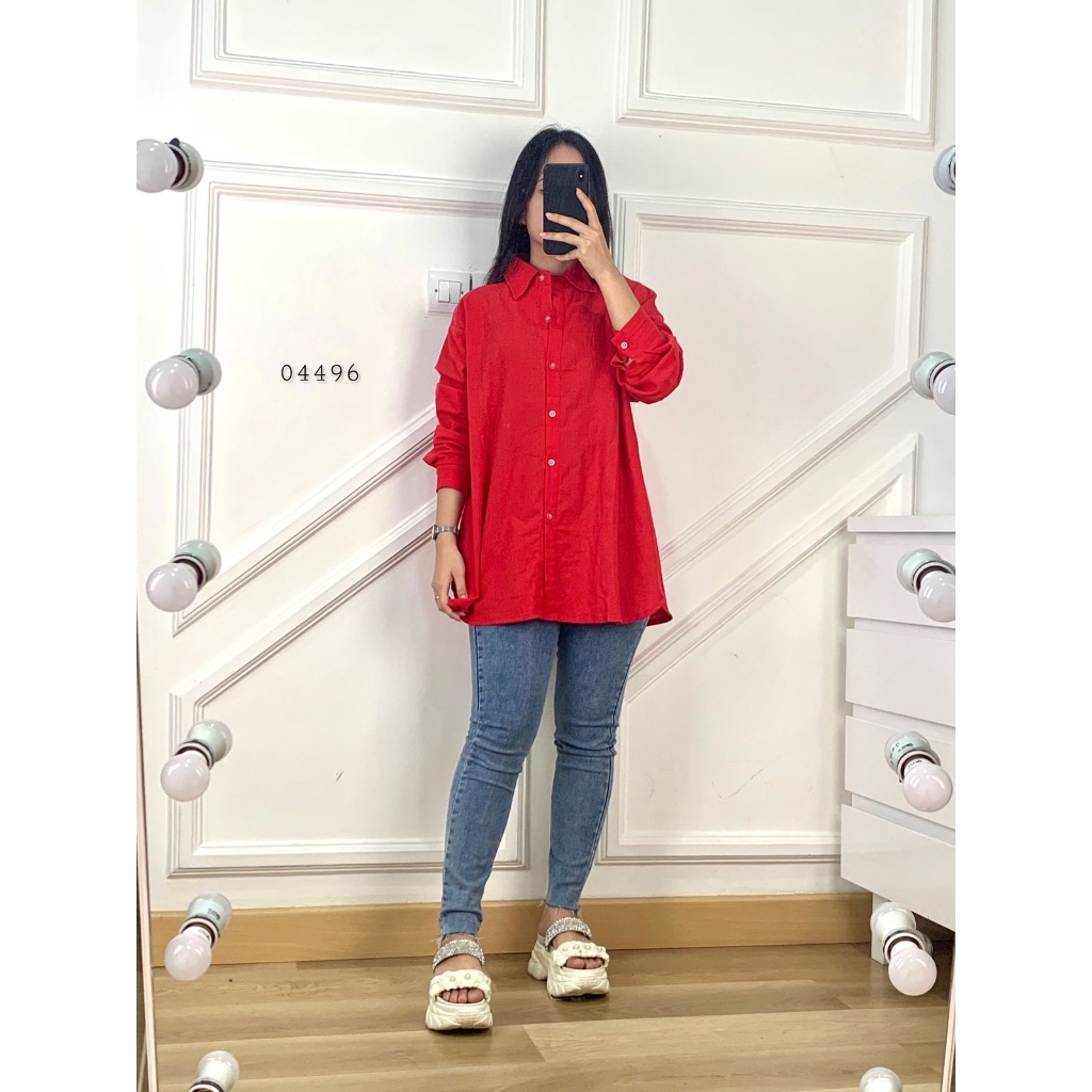04496 KEMEJA KATUN LINEN OVERSIZE COLOR RED FULL KANCING KERAH KEMEJA TANGAN PJ PREMIUM WANITA ATASA