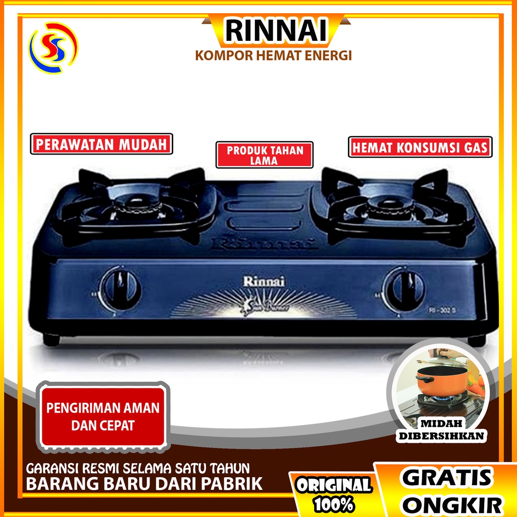 KOMPOR GAS RINNAI 2 TUNGKU RI 302S KOMPOR GAS 2 TUNGKU RINAI TEFLON STAINLESS