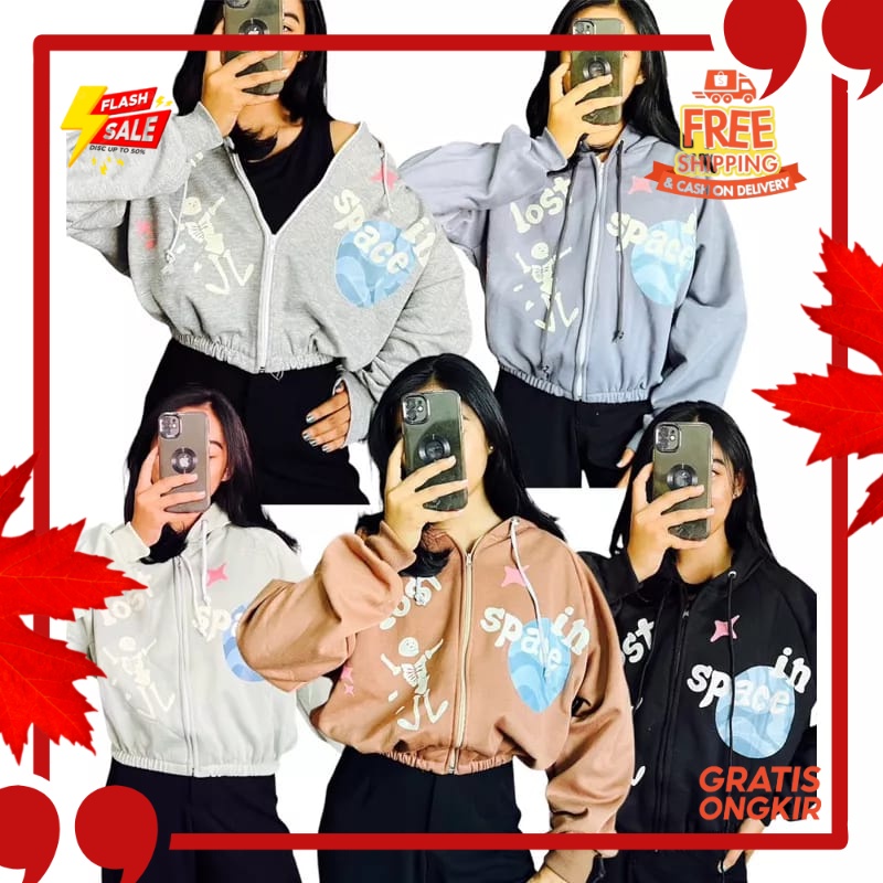 OUTFIT JKT48 TERBARU NEW ERA //SPACE IN CROOPE HOODIE ZIPPER SWEATER WANITA