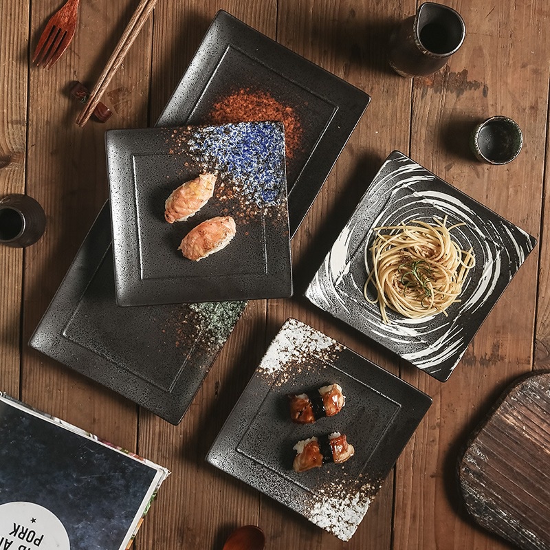 Piring sushi keramik motif galaxy stone kotak persegi tahan panas microwaveable safe/ piring saji ke