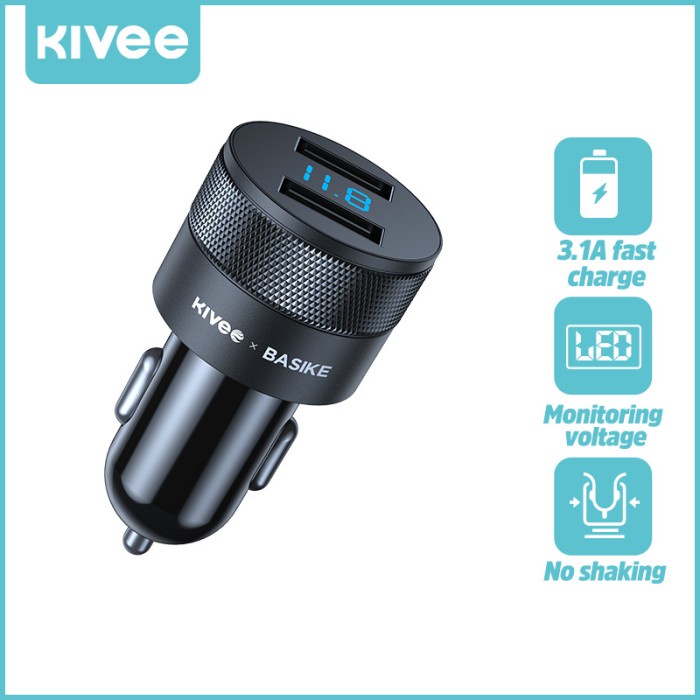 SALE CAR CHARGER KIVEE CHARGER MOBIL 3.1A QUICK CHARGE 2 USB 15W LED - Hitam TERMURAH
