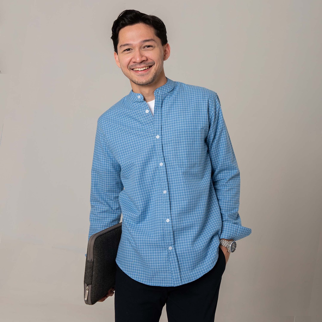 Kemeja Kotak Garis Pria WOODCUTTER Plaid Collarless Shirt Kerah Shanghai - Light Blue Lengan Panjang