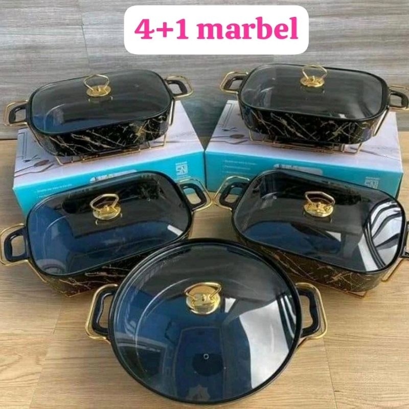 Wadah Prasmanan Keramik Nakami Jumbo 4+1 Marble Hitam