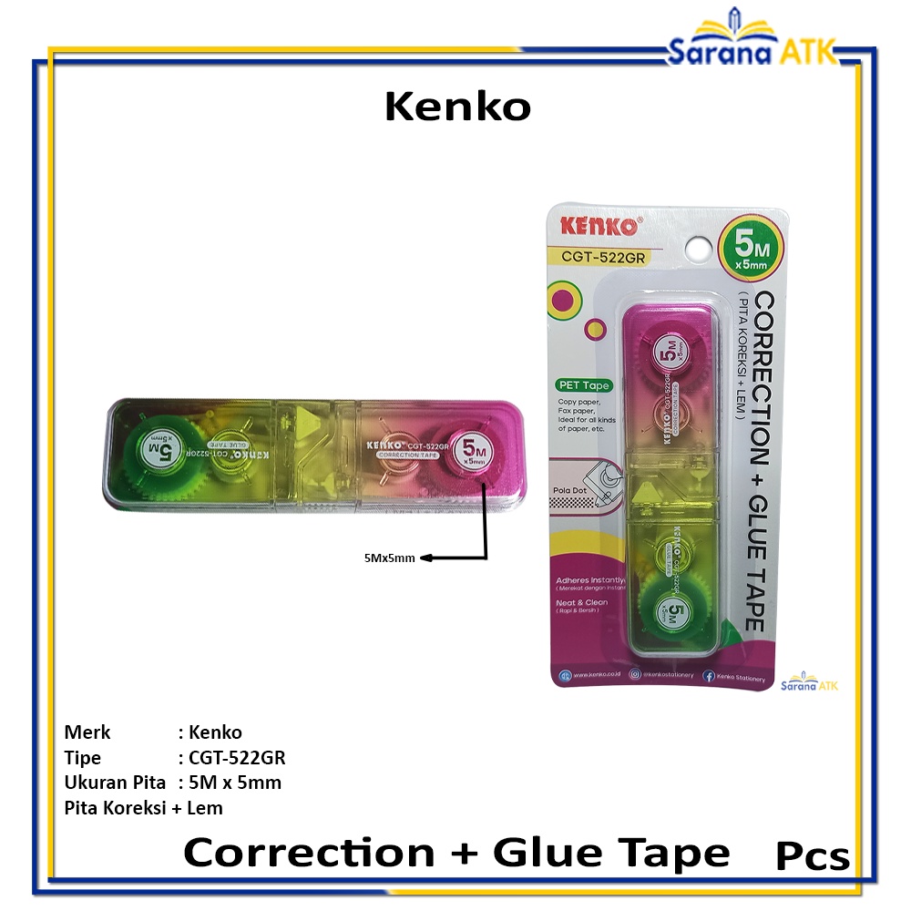 

Kenko - Correction Tape + Glue Lem dan Pita Koreksi CGT-522GR - Pcs