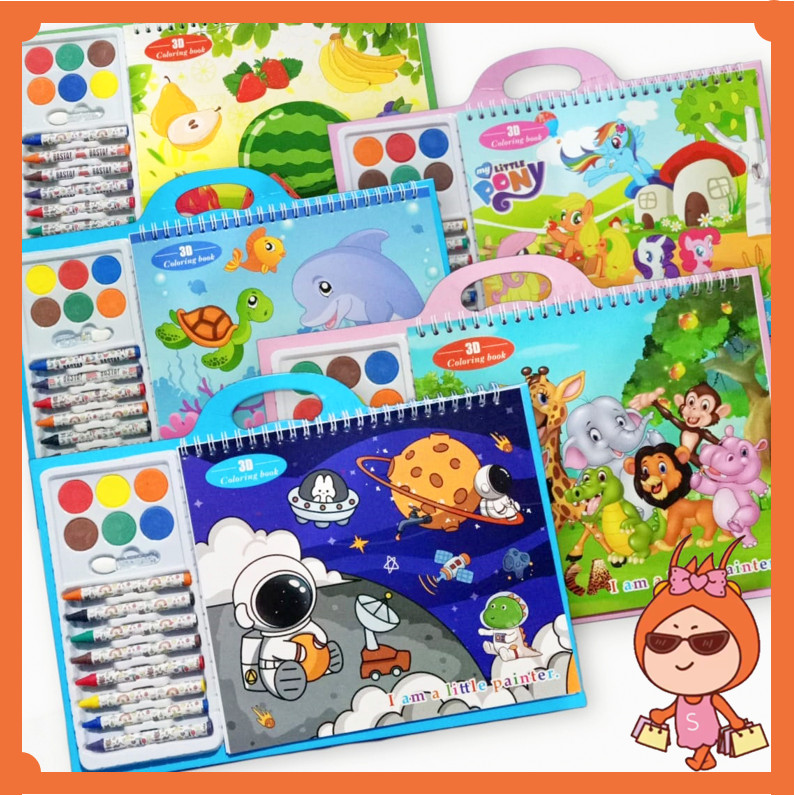 

Reseller Welcome - S6151 Anak Motoric Coloring Kit / Buku Melukis Melatih Kemampuan Motorik Anak / Set Peralatan Mewarnai dengan Crayon Cat Air / Set 3D Coloring Book