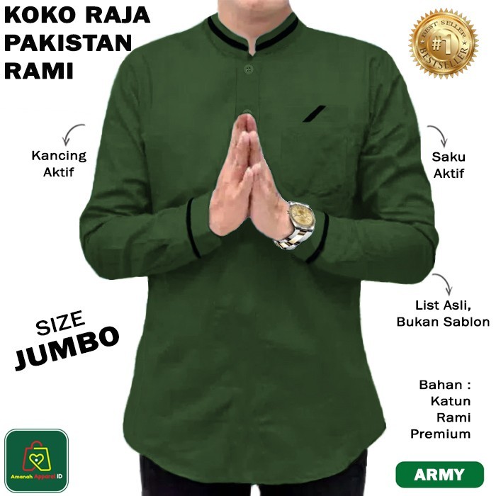 Baju Koko Pria Lengan Panjang QURTA RAJA PAKISTAN RAMI JUMBO - 27751 - Army, M