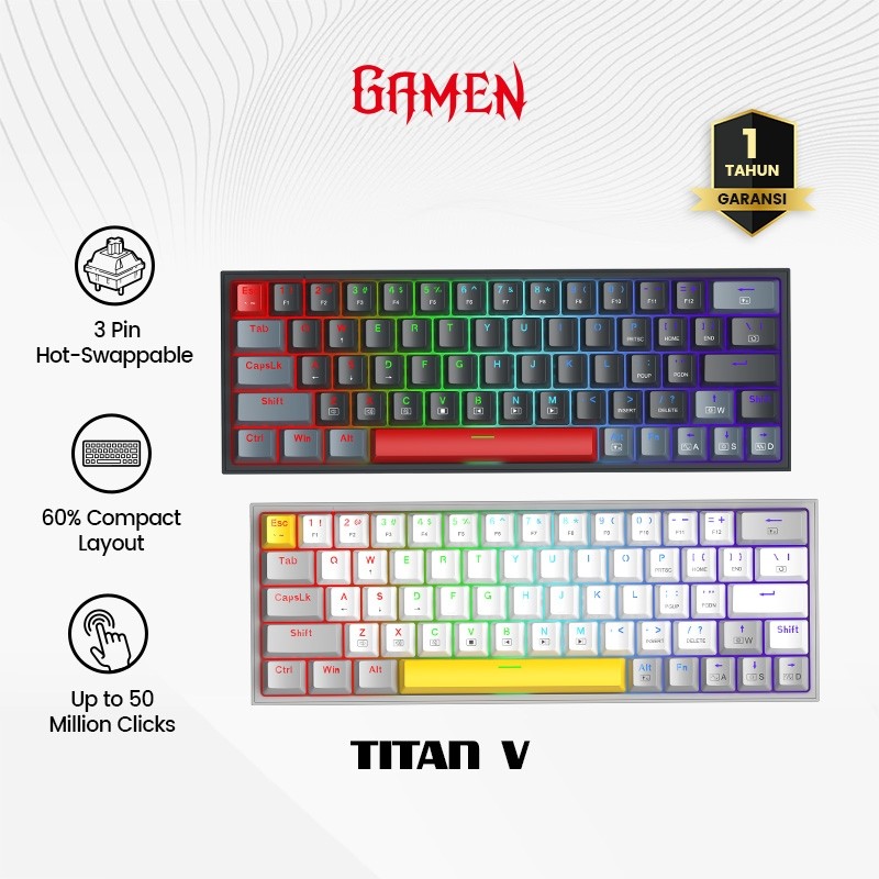 (CEK WARNA) TITAN V MECHANICAL GAMING KEYBOARD GAMEN ORIGINAL 60% LAYOUT RGB TYPE C HOT SWAPPABLE