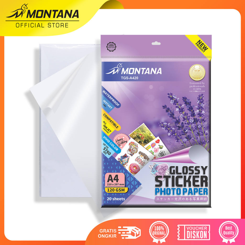 

MONTANA Glossy Sticker Photo Paper A4 20 Sheets 120 GSM Kertas Foto Stiker TGS-A420