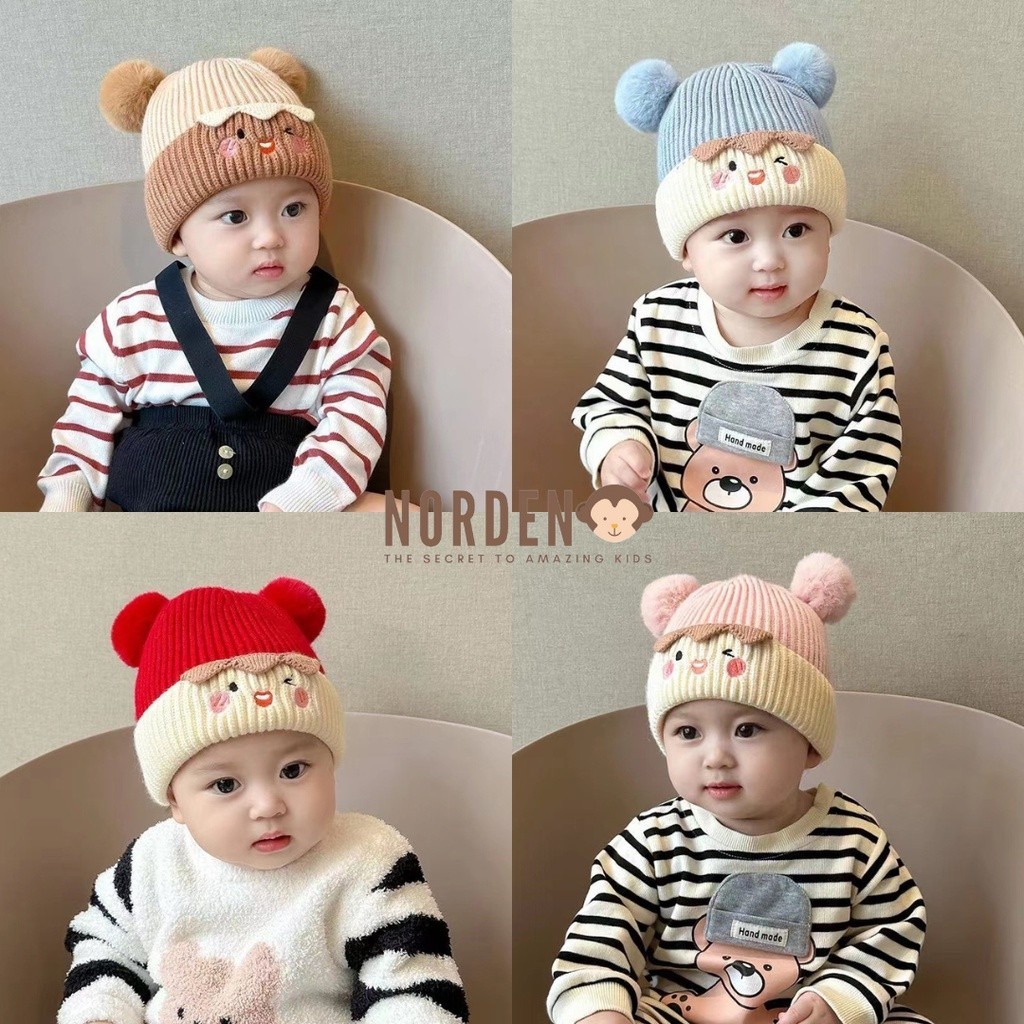 SANBEBI Topi Rajut Pom Pom Bayi Lucu karakter Beruang / Kupluk Rajut Anak 0-2 Tahun / Topi telinga B