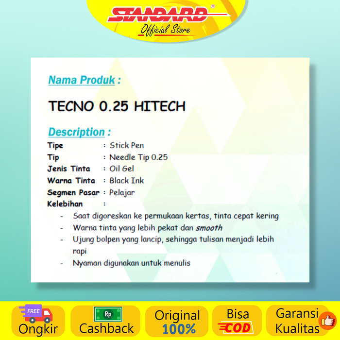 

[COD-XTRA Ongkir] Standard - Pulpen Tecno Hitech 0.25 ( Alat Tulis / Pen / Ballpoint / Pena ) - Hitam, 12 pcs