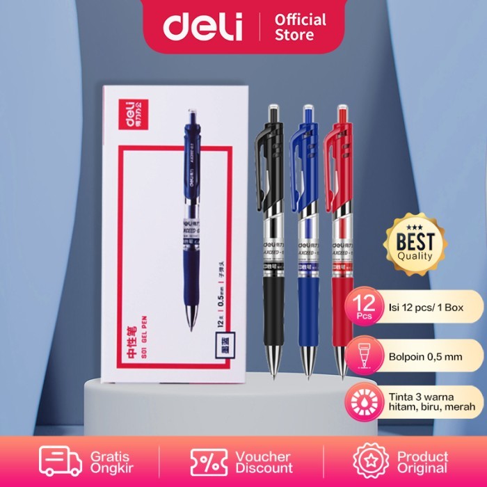 

Deli Gel Pen / Pulpen Gel Retracable 0.5mm Isi 12pcs/box S01 - Hitam
