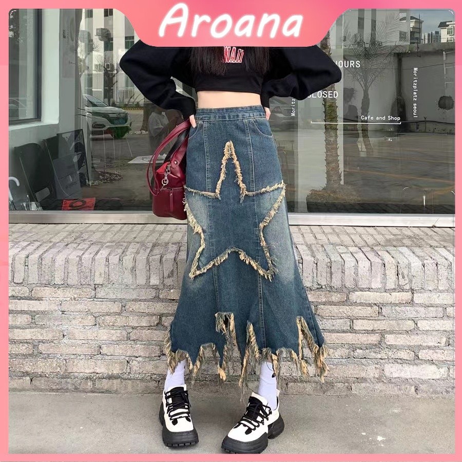 [ COD✅ ] Aroana #rok jeans/star rok pendek/rok denim wanita/Rok panjang sedang berpinggang rendah/y2