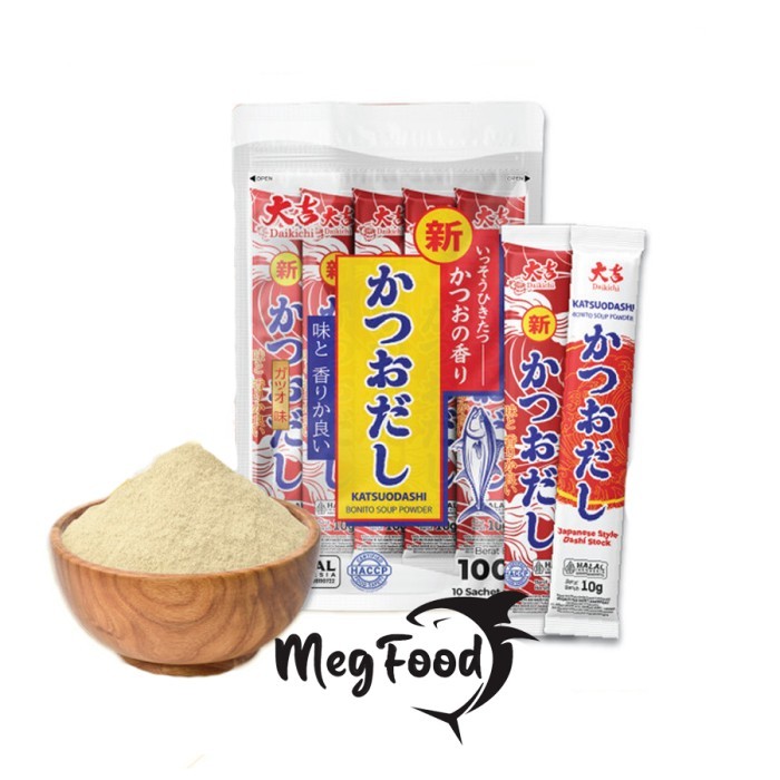 

Daikichi Katsuodashi Bonito Soup Powder Stick 100 Gram (isi 10) | Bubuk Kaldu Ikan Bonito Kering