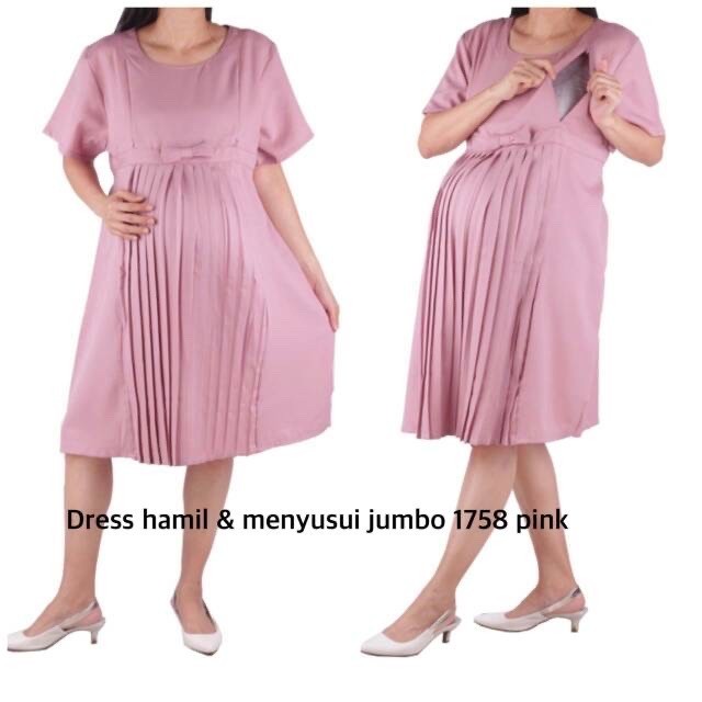 *TERLARIS* dress hamil menyusui jumbo hmill 1758 baju hamil bajuhamil  Pink COD