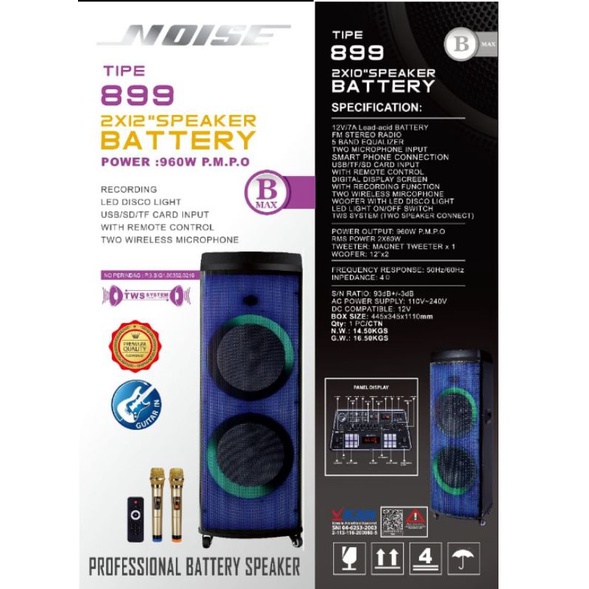 Speaker Portable karaoke bluetooth meeting Wireless 12 inch doble Noise 899 B max original garansi r