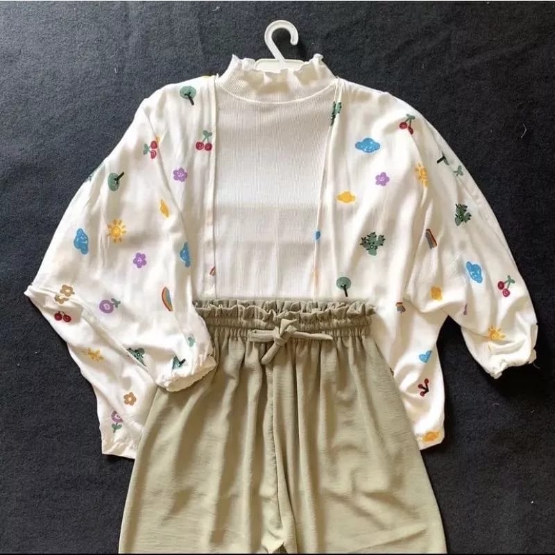 setelan baju outer kiyowo dan kulot kerut susun kancing pinggang karen wanita remaja dan anak peremp