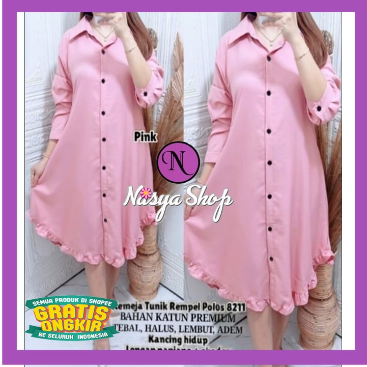 TUNIK WANITA JUMBO REMPEL BAWAH TERBARU 100 % KATUN RAYON, SIZE M - 6 XL, FULL LD 120/ KEMEJA WANITA
