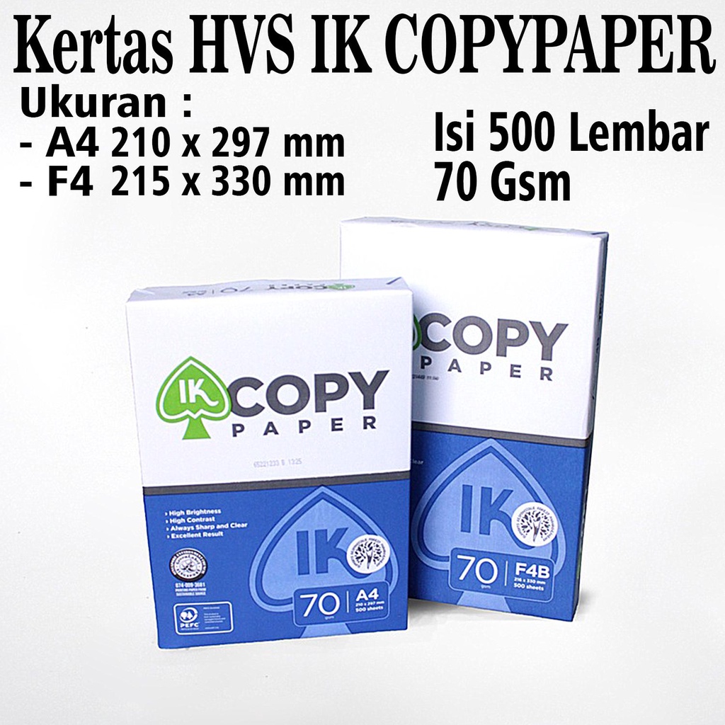 

KERTAS HVS A4 - KERTAS HVS F4 70GSM IK COPYPAPER / KERTAS FOTOCOPY - ISI 500 LEMBAR - Master Pack Indonesia Bogor