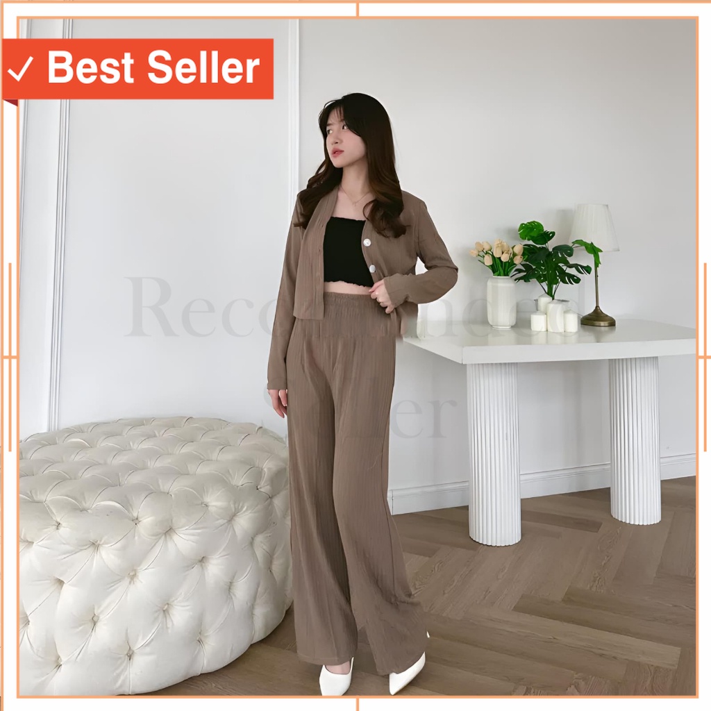 Fashion Wanita Premium - One Set Wanita Casey Knit Hornets Setelan Crop Top Korea Setelan Knit Wanit