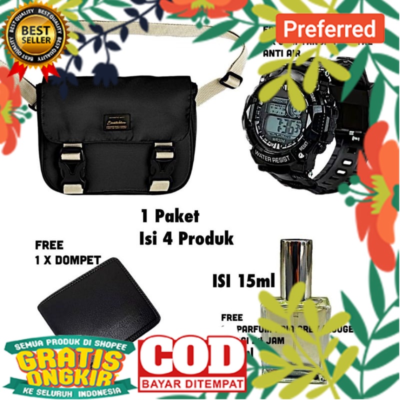 Tas Selempang 1 Paket isi 4 Produk, Tas Slepmpang pria + Jam tangan digital anti air + Parfum wangi 