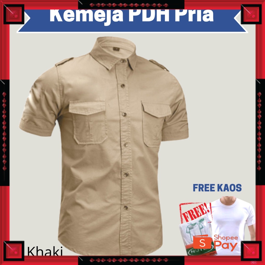 12.12 SERAGAM SALE / FREE KAOS OBLONG - Baju Kemeja PDH Khaki Coklat Krem Polos Pria Lengan Pendek -