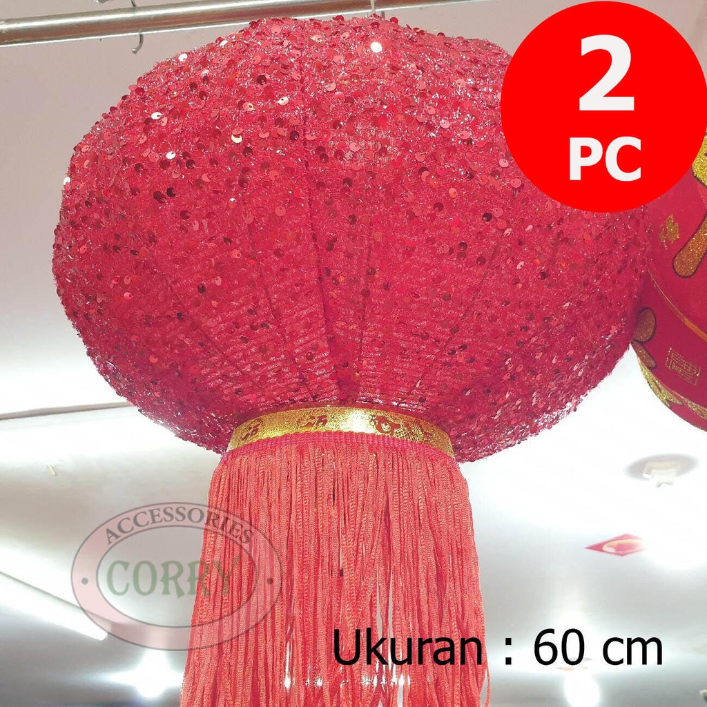 Lampion Imlek Bulat 60 Cm Kain Emas Merah 2 PC Manik Payet Glitter