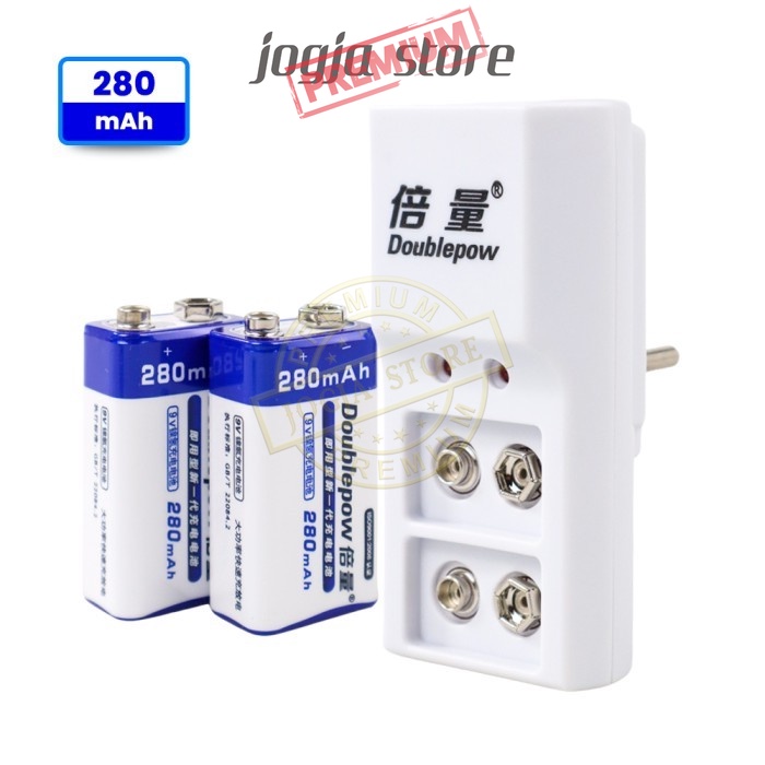 Charger Baterai Kotak 9V + Baterai Kotak 9V 280mAh Cas Rechargeable