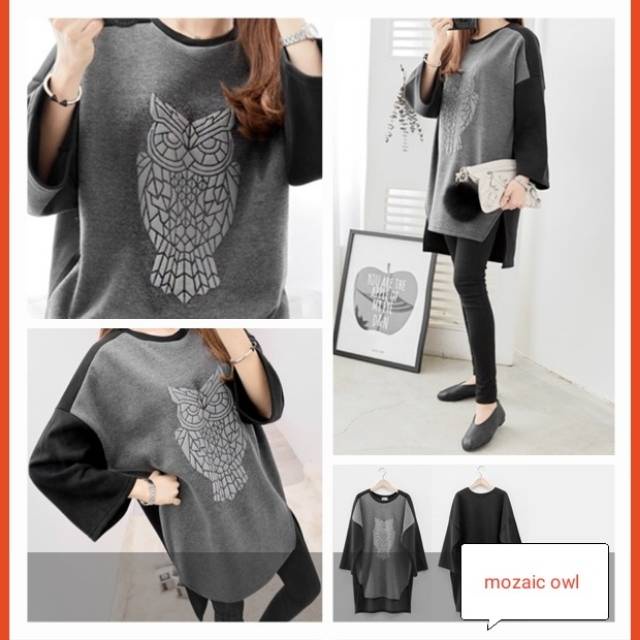LD 120 BLOUSE ATASAN KAOS JUMBO MOZAIC OWL BIGSIZE OVERSIZE HITAM WANITA LENGAN PANJANG BLUSE KEKINI