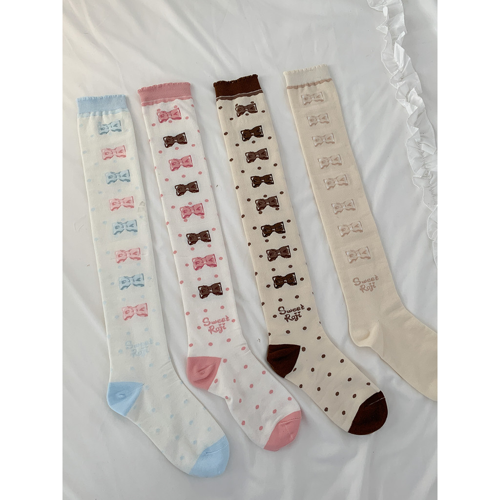 Polka Dot Bow Lolita Socks for Women Autumn and Winter Knee Socks Thick Cotton Lolita Japanese Style