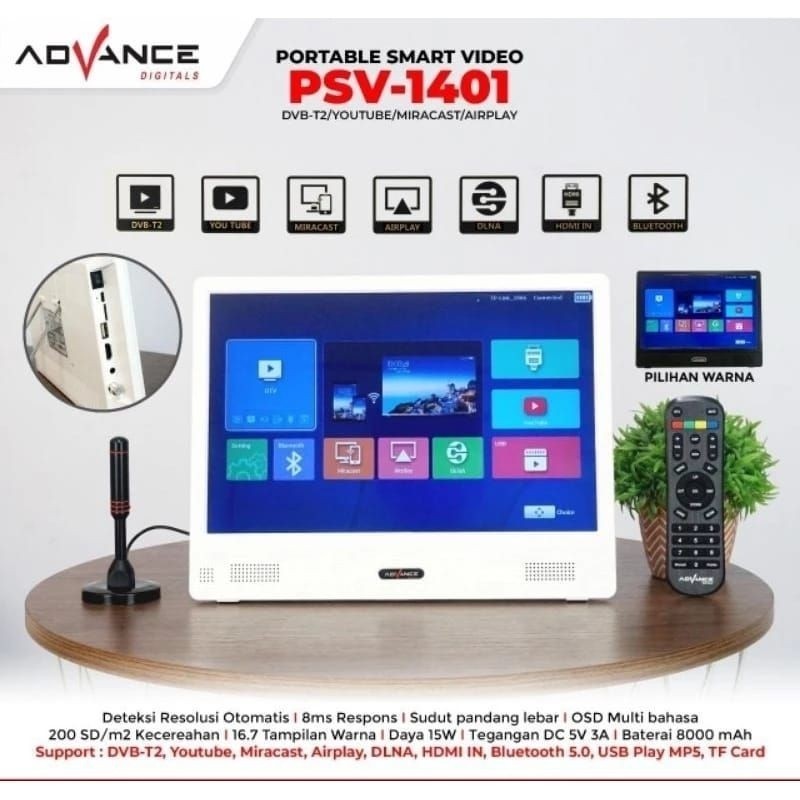 Advance PSV-1401 14 Inch Smart TV Portable Monitor WiFi Digital Tanpa STB Mirroring HP YouTube