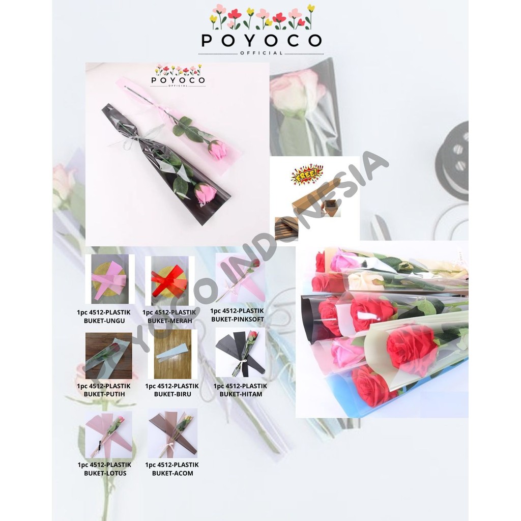 

POYOCO - 1pc Plastik Bunga Mawar 1 tangkai (ecer per lembar) / Wrapping Plastik untuk Mini Buket Rose