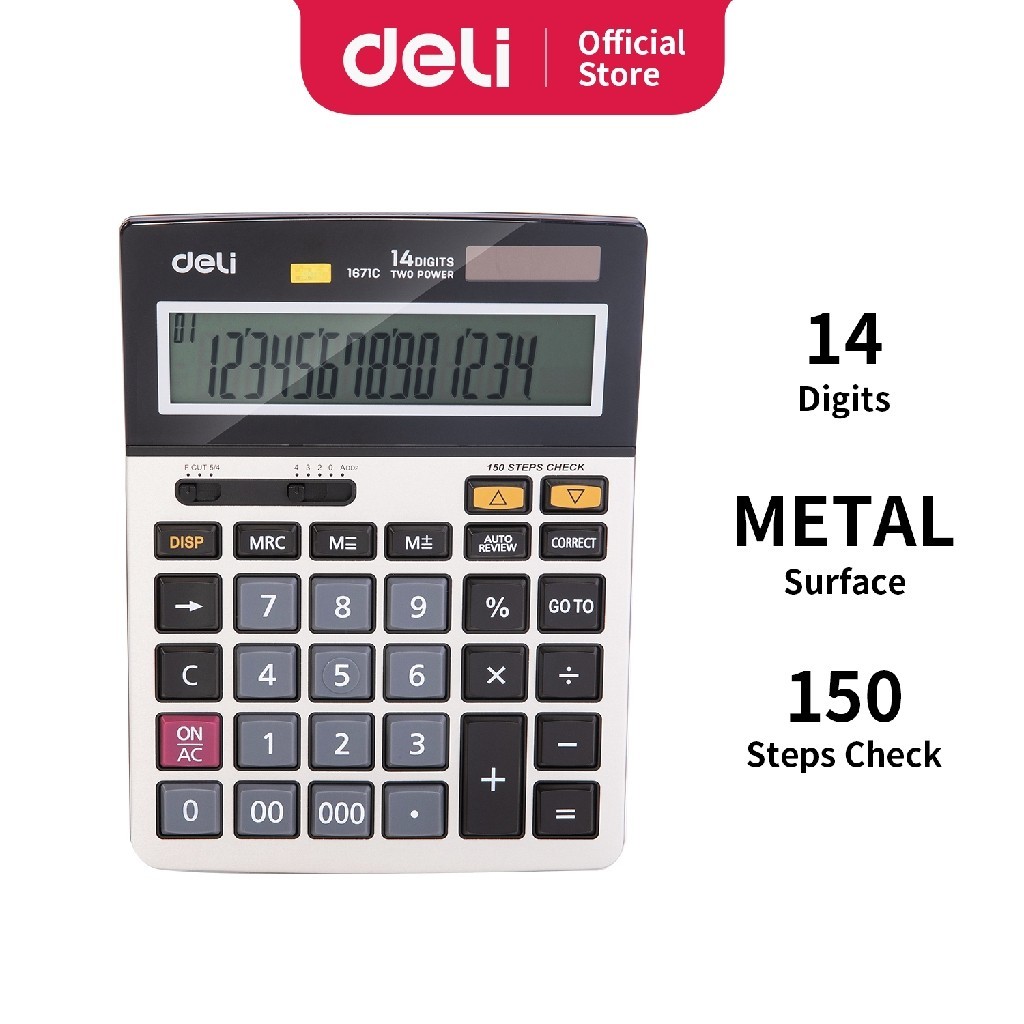 

Deli Calculator / Kalkulator 14 Digit dengan penutup acrylic Sertifikat CE garansi 3 tahun E1671C