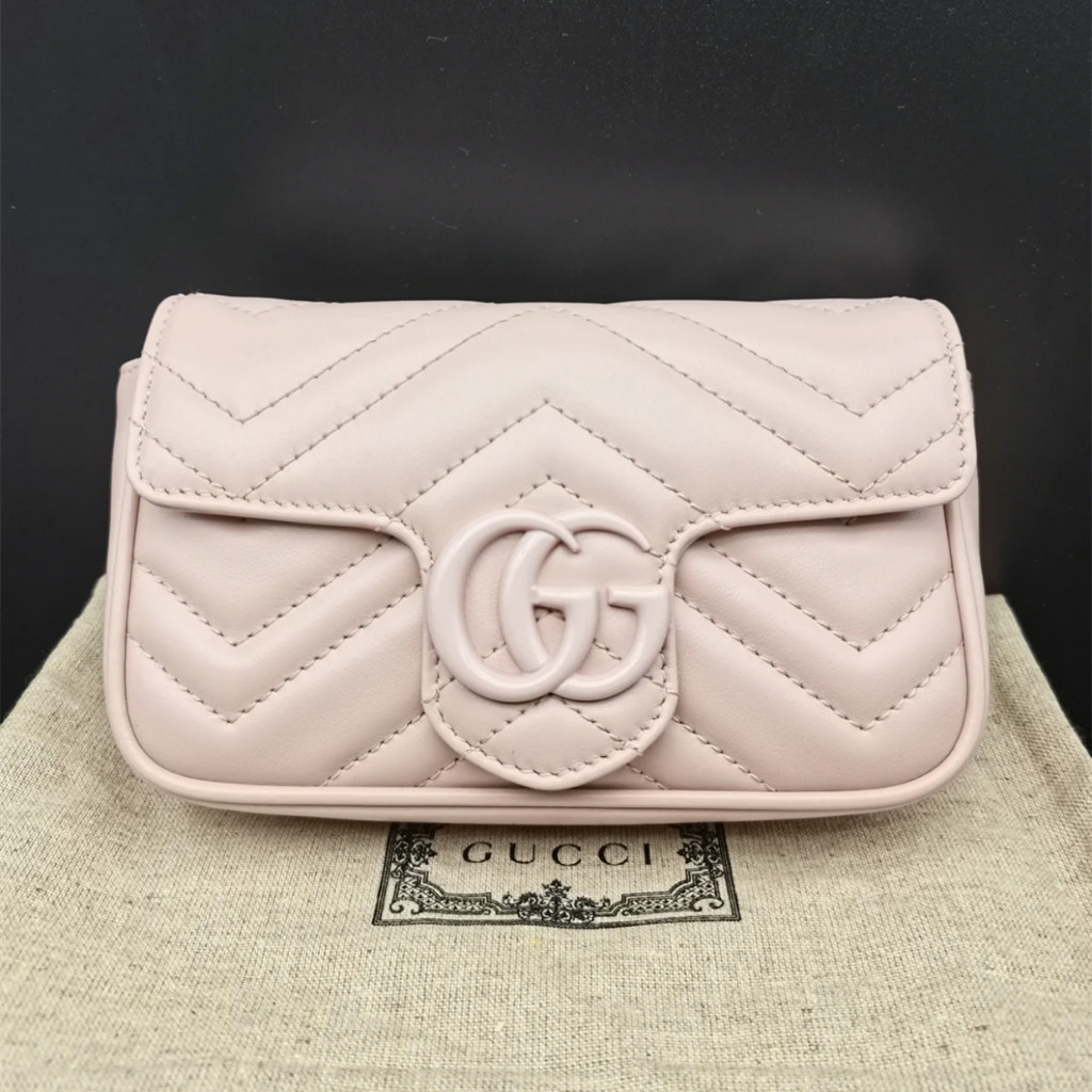 【bekas asli】（699757）Tas fanny Gucci GG Marmont/tas macaron merah muda/tas rantai/tas bahu/tas selemp