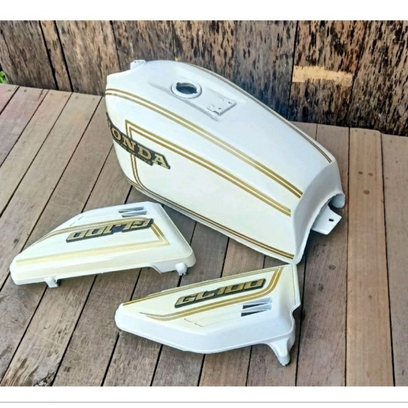 Tengki Tangki Honda GL 100 Warna Putih Set Box Tutup Aki Set Emblem Komplit tangki gl100 honda gl100