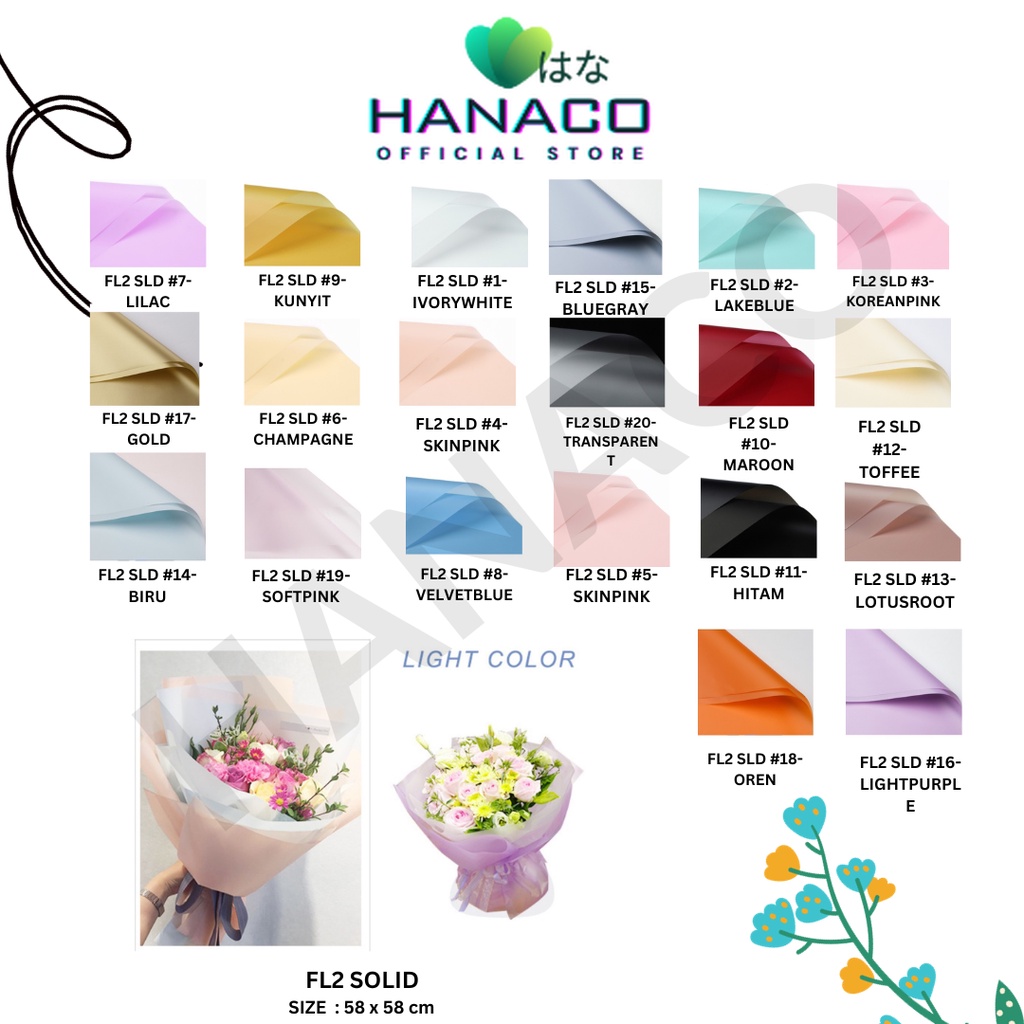 

HANACO - (5 LEMBAR) - FL2 SOLID Kertas Bunga Buket Warna Polos/Kertas Buket Bunga Florist Cellophane