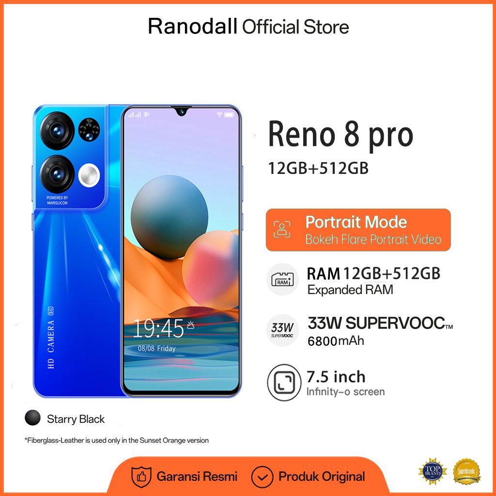 【2023 hp Baru】Reno 8 pro 7.5inci 12GB + 512GB Android  24+58MP Layar HD he murah Buka Kunci Sidik Ja