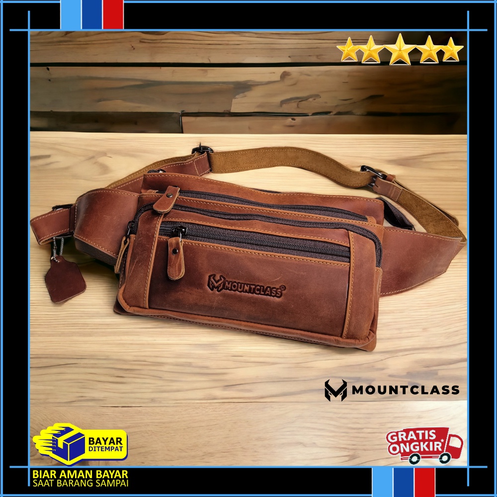 (Mountclass) Tas Selempang Waistbag Pinggang Kulit Asli Pria Cowok Sling bag Waist Bag Pinggang Mult