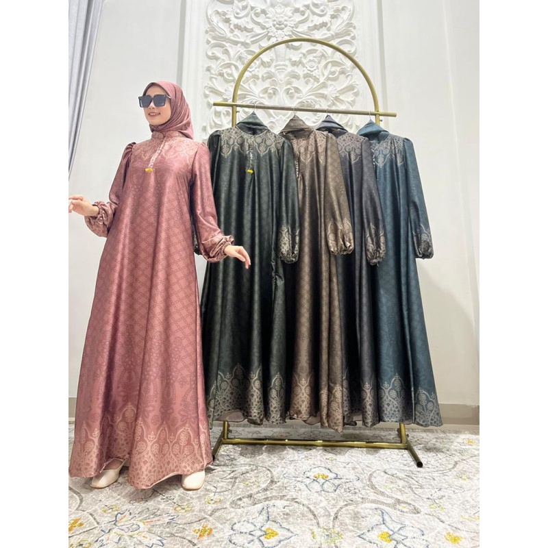 Gamis Armany silk brown digital motif rante lurus satu set hijab