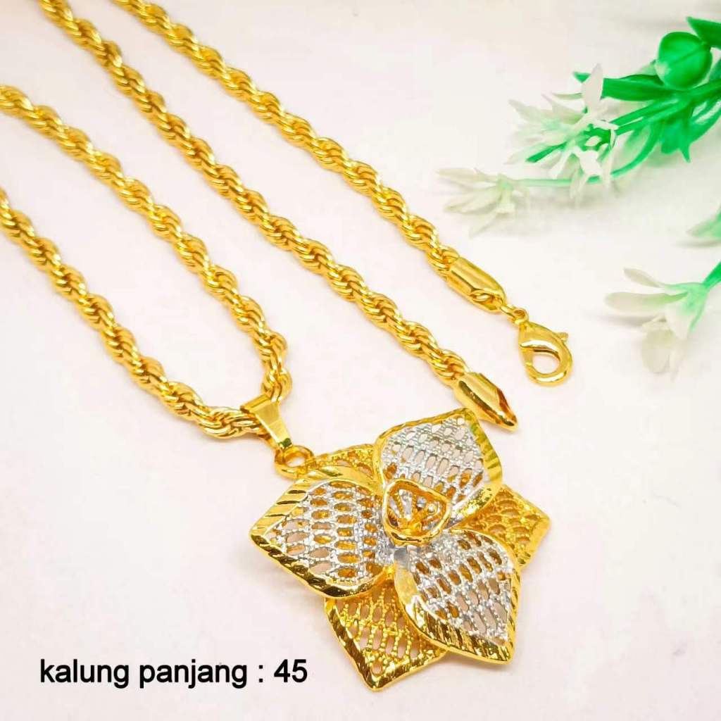 Kalung Titanium Lapis Emas 24k set Liontin(panjang 45cm) Model Kalung mawar motif kotak kendari Kore