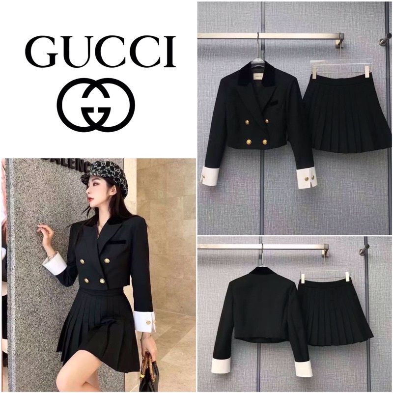 GUCCI CROP JACKET GOLD BUTTON WITH PLEATED SKIRT