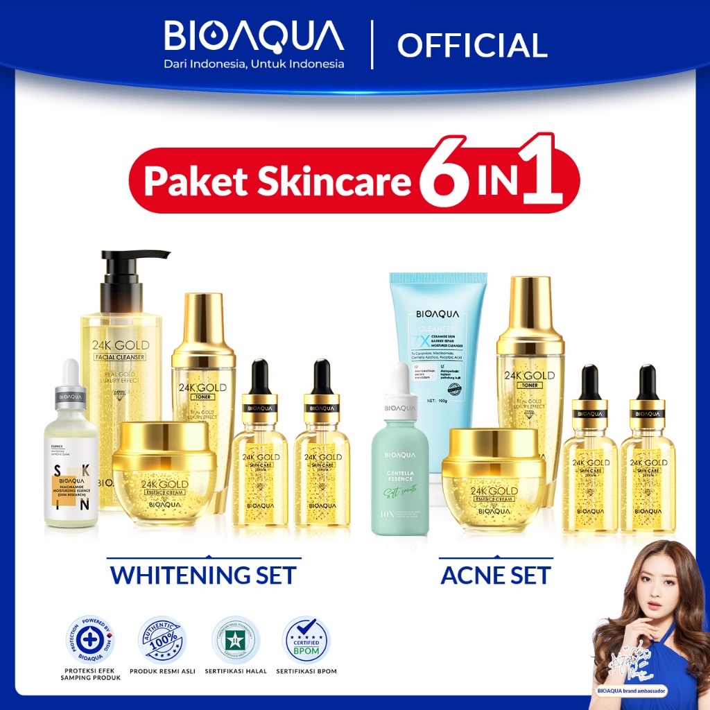 BIOAQUA  kecantikan perawatan set skincare paket 6pcs whitening brightening penghilang jerawat batu 