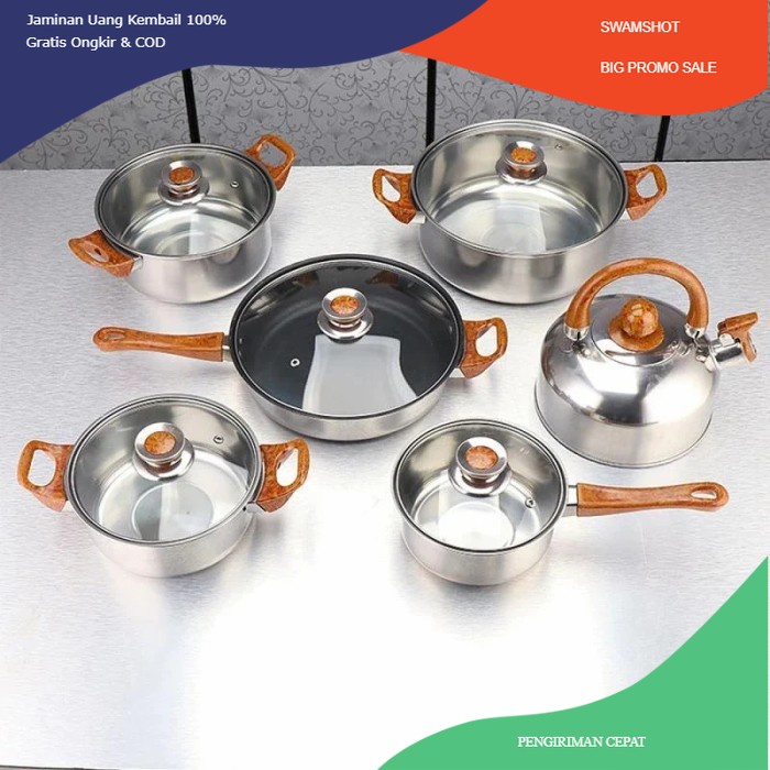 Set Peralatan Masak Panci Wajan Teko Stainless Cookware BOBOKO 6 Set