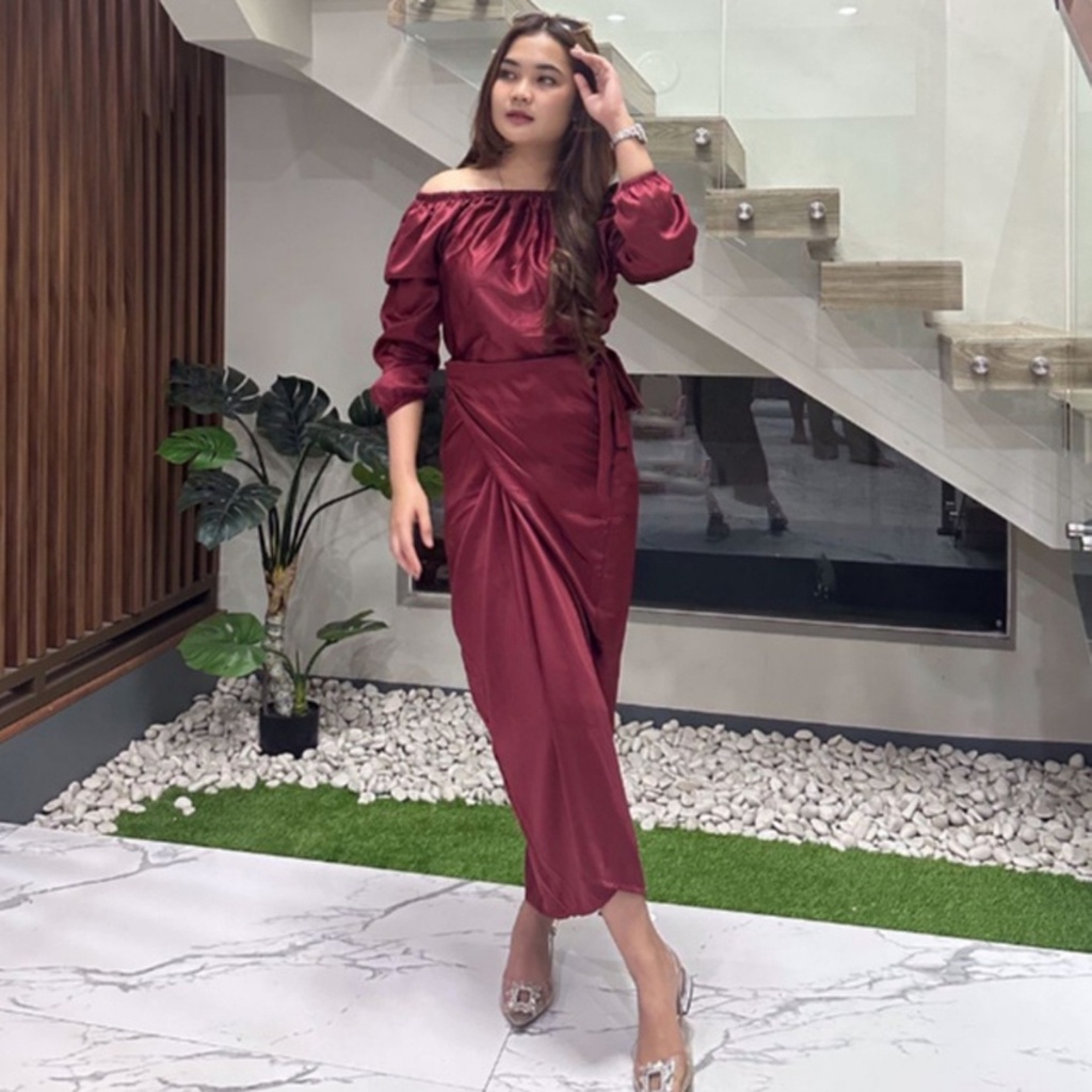 Dress Satin Baju Lebaran Sabrina Lilit Satin Long Dress Wanita Kondangan Big Size Dress Premium DRS 