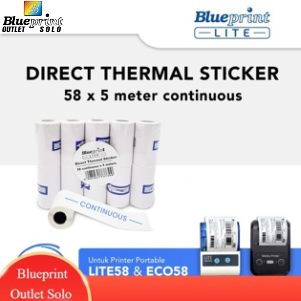 

Blueprint Direct Thermal Sticker 58 mm Continuous 5 meter Stiker Label Harga Barcode Resi Blueprint Outlet Solo