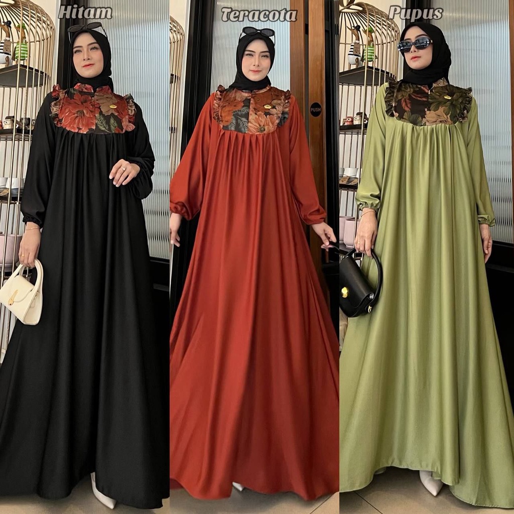 Nazhira Shafa Dress Wanita Armani Silk Brown Gamis Terbaru Lengan Panjang Baju Muslim Ruffel Polos Kekinian LD 110 cm